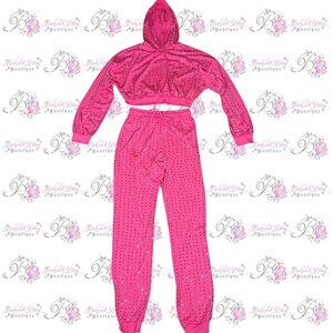 Bling 2 piece set rhinestone studded pants joggers with hoodie pink and silver